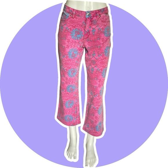 Escada Sport Women’s Kate Pink Blue Floral Jeans Kick Flare Crop Sz 38 US 8 M - Picture 4 of 16